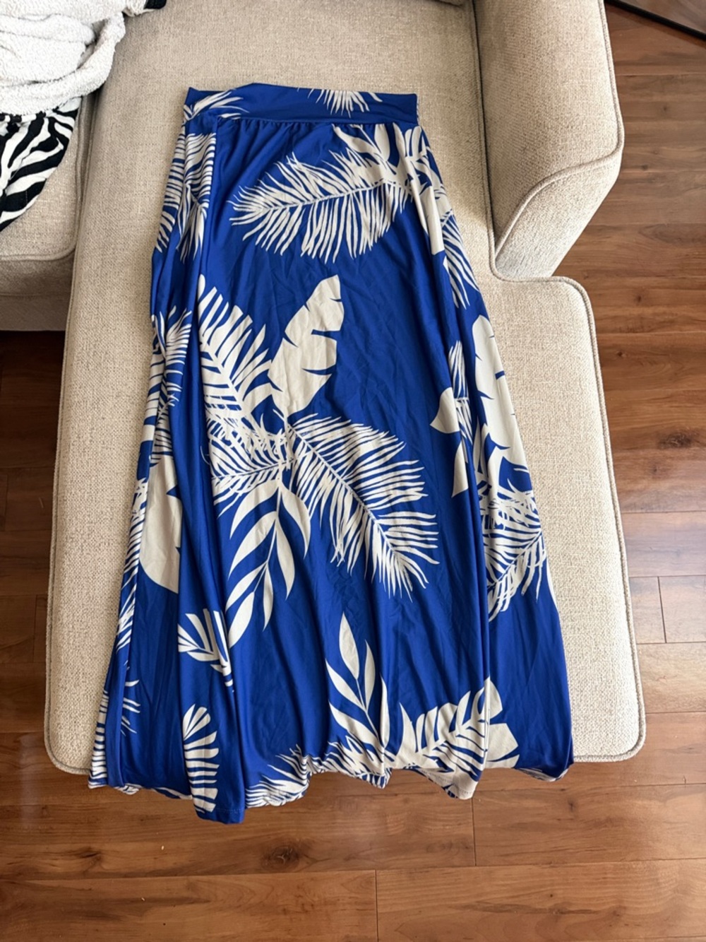 Blue Maxi Skirt with Cream Palm Print